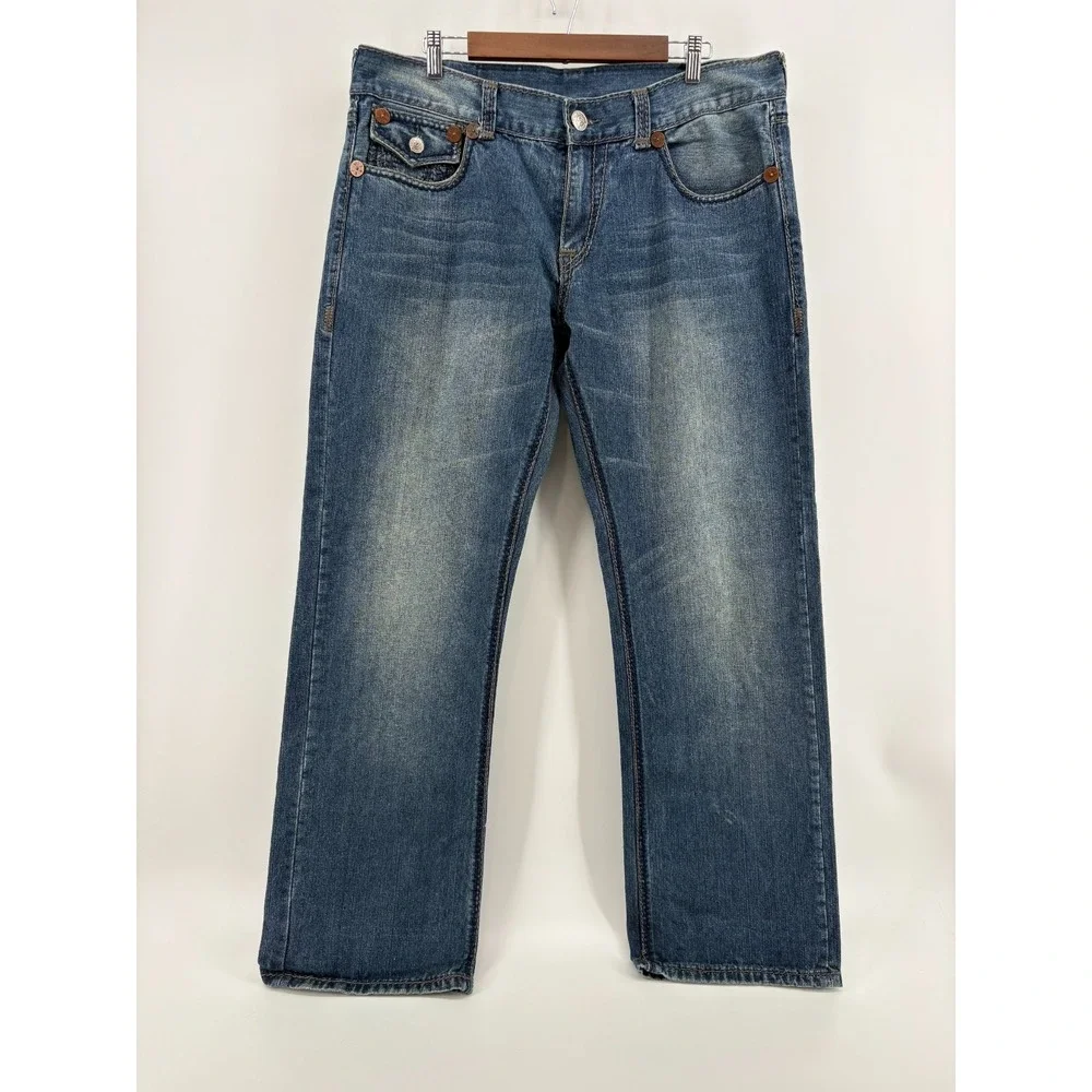 True Religion Ricky Giant Big T Jeans Mens 38 Blue Whiskered Denim Flap Pocket